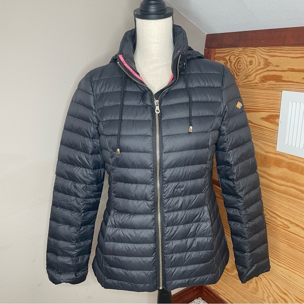 Kate Spade Packable Puffer Jacket Duck Down Feathers Black Pink Extra Small XS - Picture 2 of 13